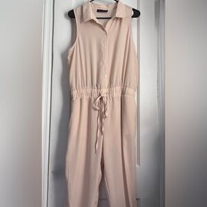 Blush Pink Sleeveless Button-Front Jumpsuit Pockets Drawstring Waist,Sz: Large